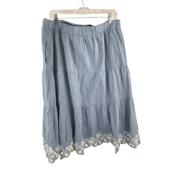 Isaac Mizrahi Live! Tiered Skirt LP Blue Embroidered Hem Cotton Blend Boho - Picture 4 of 6